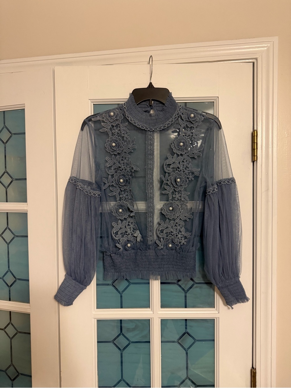 Blue Lace Floral Appliqué Sheer Blouson Top